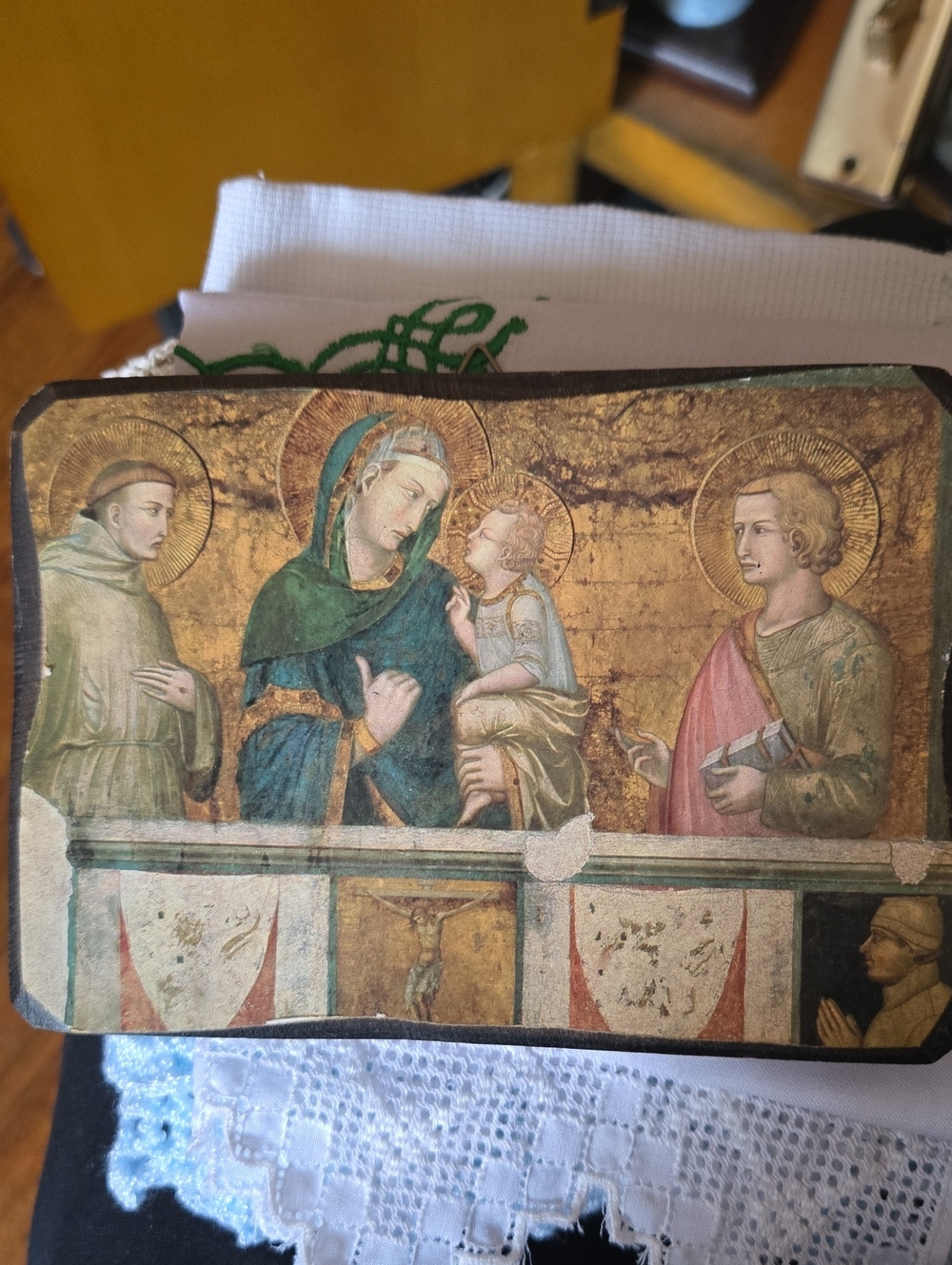 Vintage Virgin Mary Holding Baby Jesus, St Francis And St John Wooden Plaque